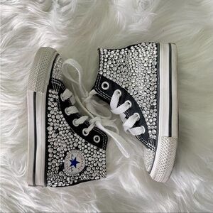 Converse | Toddler Black Embellished Custom Bling High Tops Rhinestone Silver 5